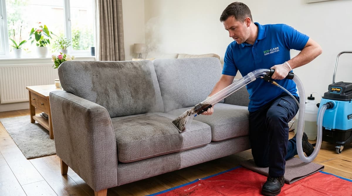 Professional cleaning technician deep cleaning sofa in an Ahmedabad apartment